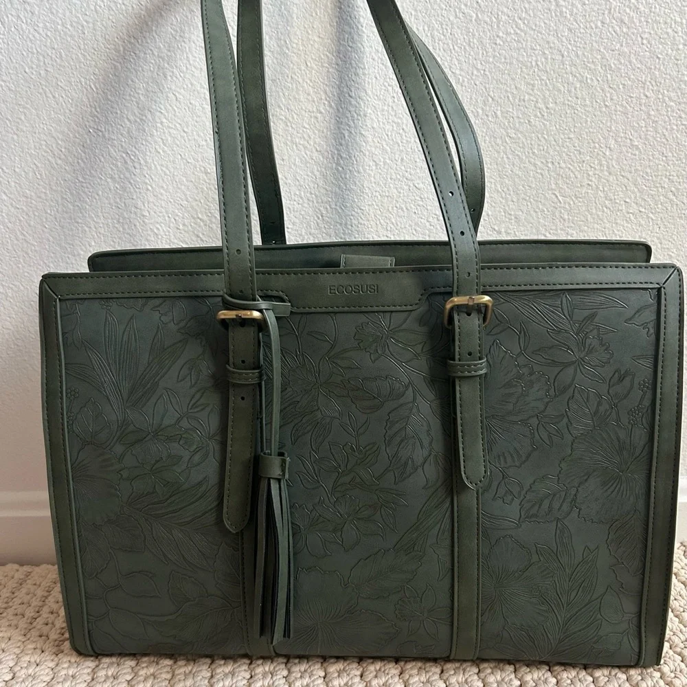 Leather Style Embossed Floral Forest Green Women's Tote Bag - Picture 6 of 15